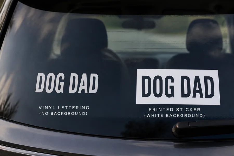 Links geplottete Schrift ohne Hintergrund, rechts gedruckter Sticker mit weißem Rand