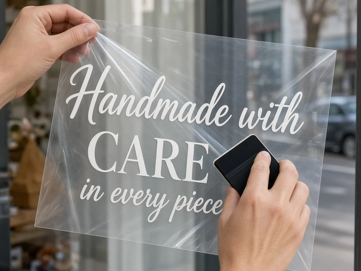 Transferfolie mit weißer Vinylschrift wird auf Schaufensterglas angedrückt