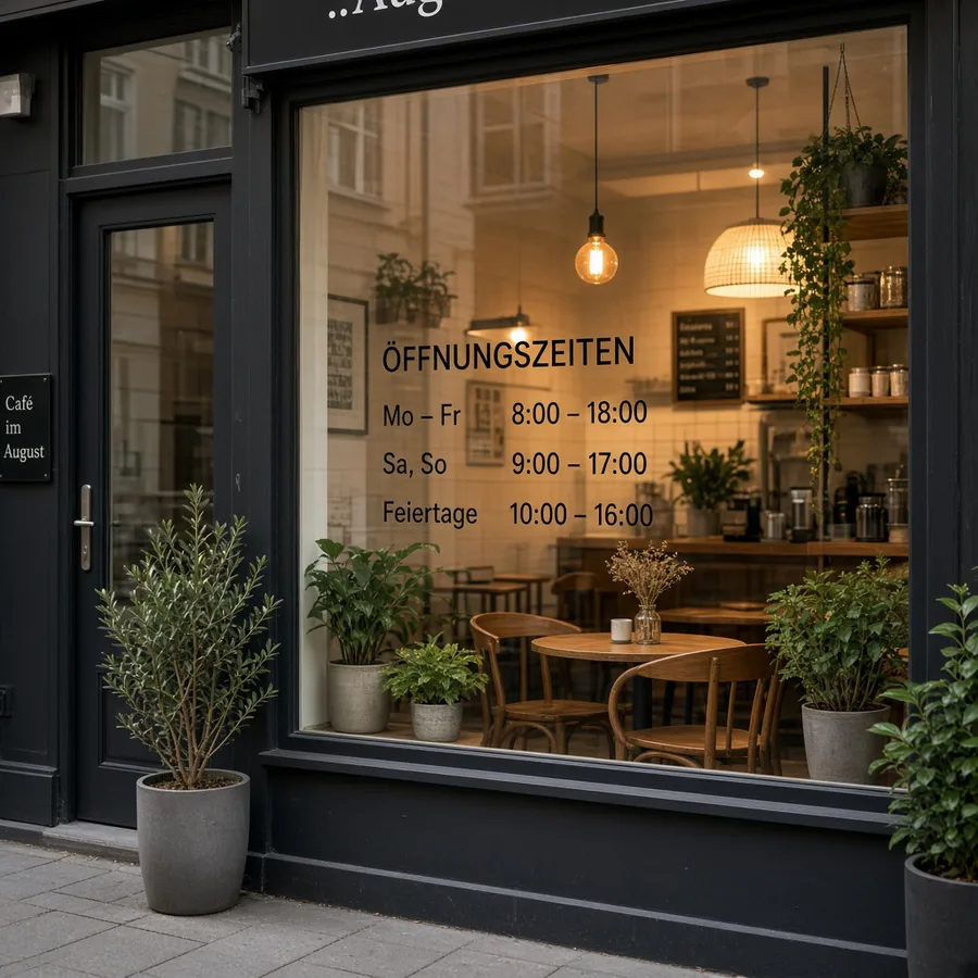 Schwarze Öffnungszeiten als Vinyl am Café-Schaufenster