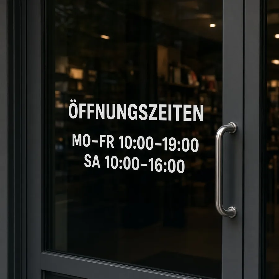 Weiße Vinyl-Öffnungszeiten auf einer dunklen Glastür