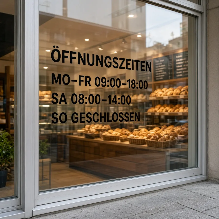 Schwarze geplottete Öffnungszeiten auf einem hellen Bäckerei-Schaufenster, ohne Druckrand