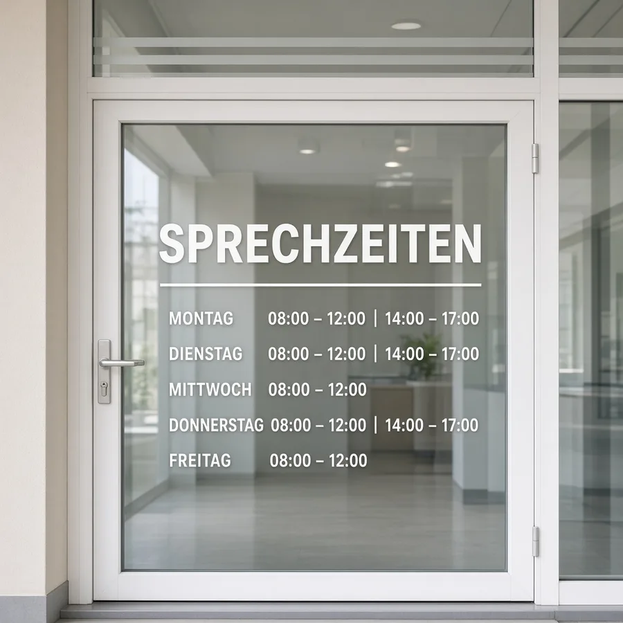 Weiße Sprechzeiten als Folienbuchstaben an einer Praxis-Glastür