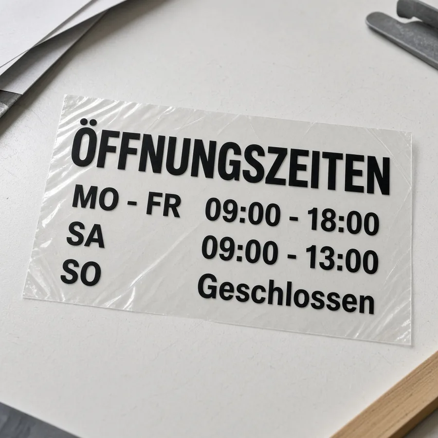 Geplottete Öffnungszeiten auf Transferfolie vor dem Übertragen auf Glas