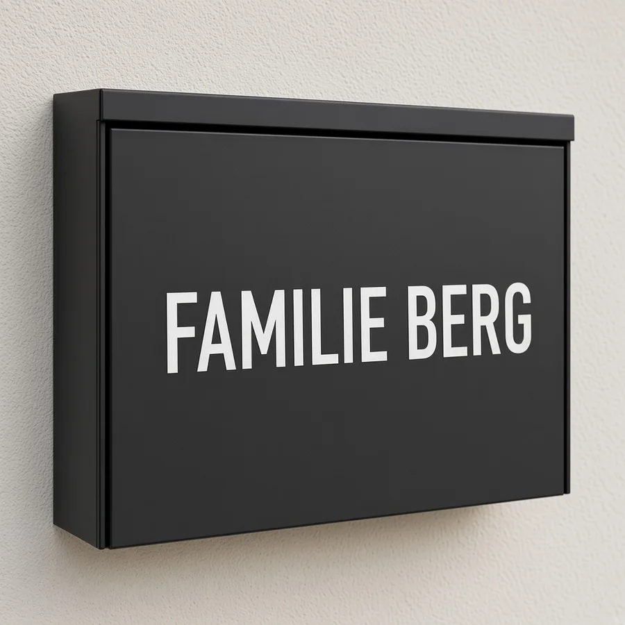 Weiße Klebebuchstaben FAMILIE BERG auf schwarzem Briefkasten – geplottet ohne Druckrand