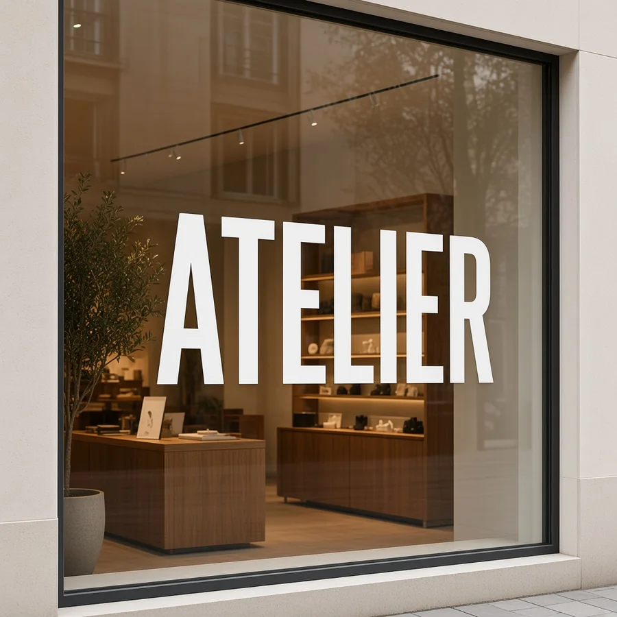Weißer Firmenname ATELIER als Folienbuchstaben am Schaufenster