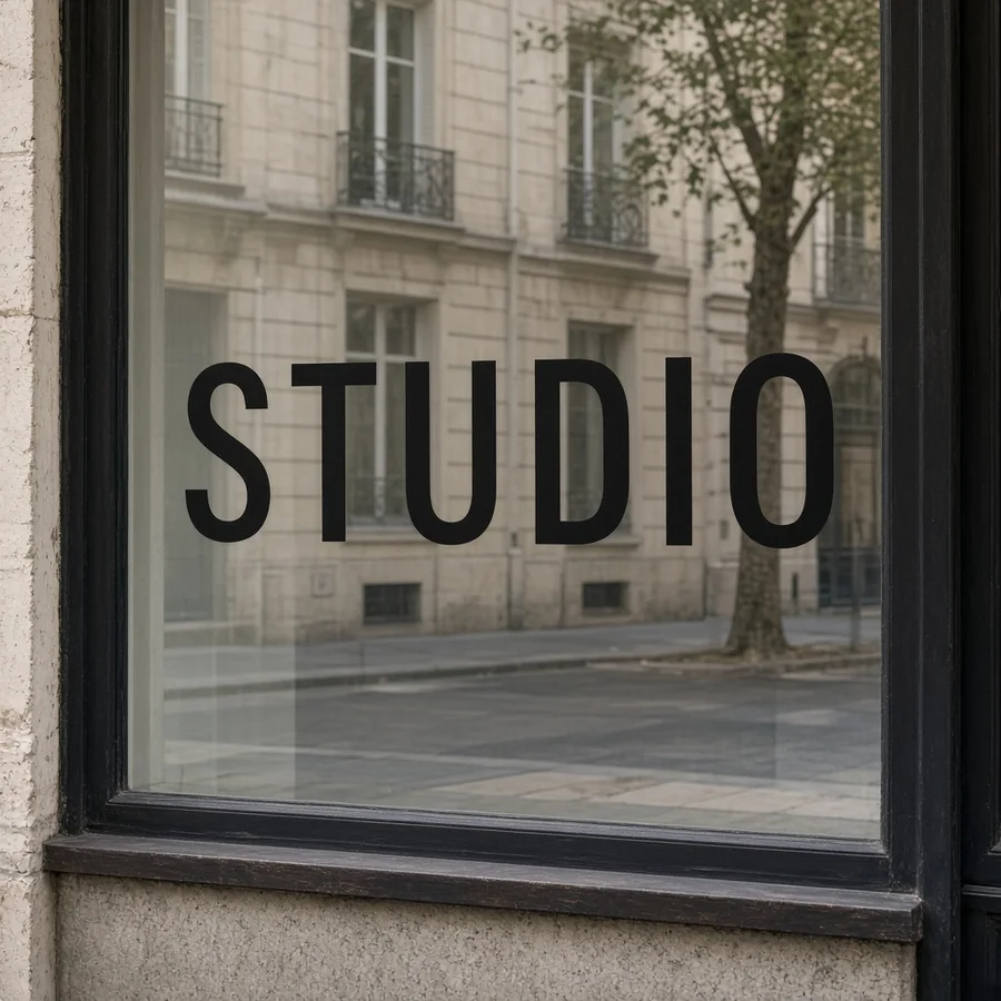 Schwarze Klebebuchstaben STUDIO als Schaufensterbeschriftung